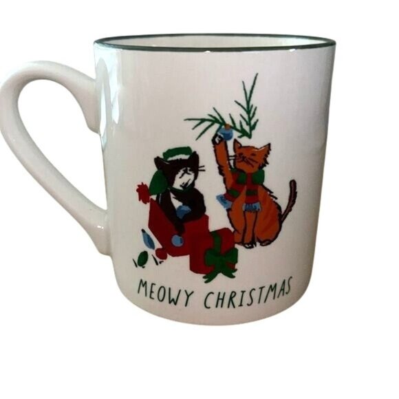Meowy Christmas Ceramic Mug 4" White & Green Cute Cat Design By Threshold Microw - Picture 1 of 5
